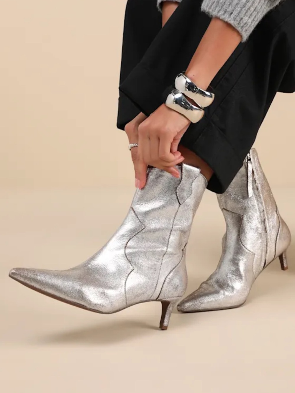 SEYCHELLES Dallas Leather Booties Pointy Toe Western Boots Metallic Pewter Sz 8